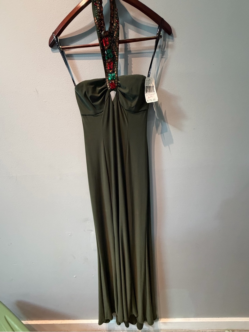 Vintage y2k NWT Niki Lavis Olive Green Halter Evening Gown with Beaded Neckline
